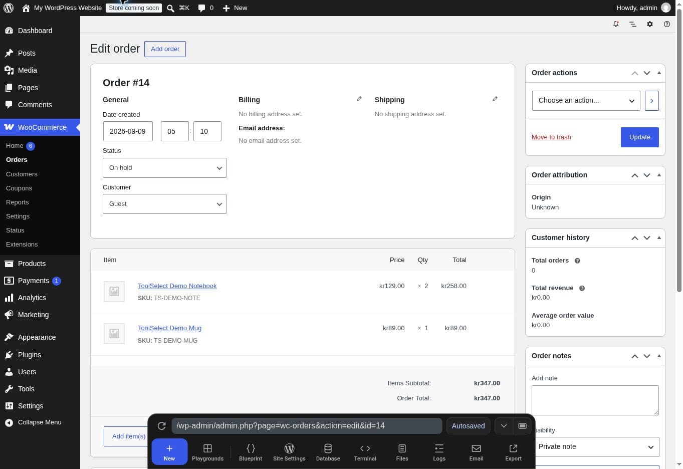 WooCommerce test order 14 on hold with two notebooks and one mug totalling SEK 347