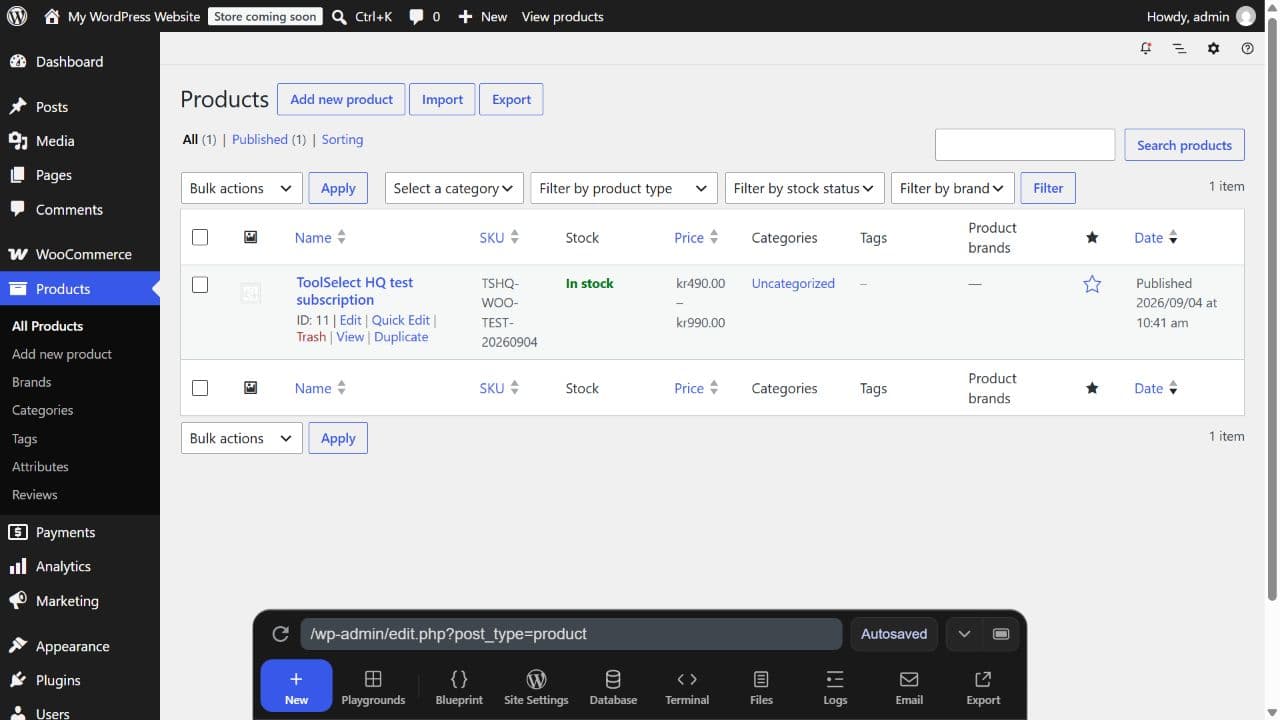 WooCommerce product list showing the published ToolSelect HQ variable test product, SKU, stock status and price range