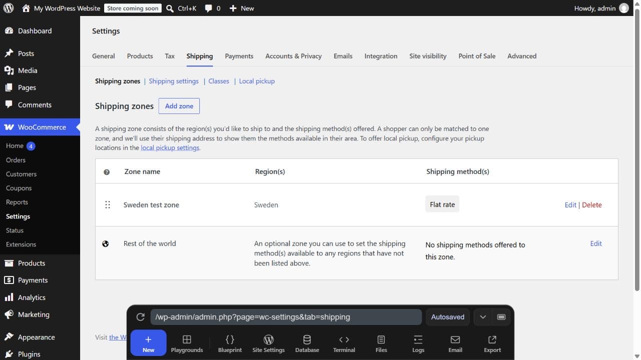 WooCommerce shipping settings showing the Sweden test zone and flat-rate method